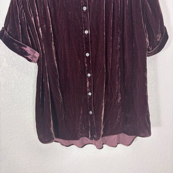 Sundance Women's Maroon Velvet Button Down Front Short Sleeve Top Size Small - Picture 4 of 6